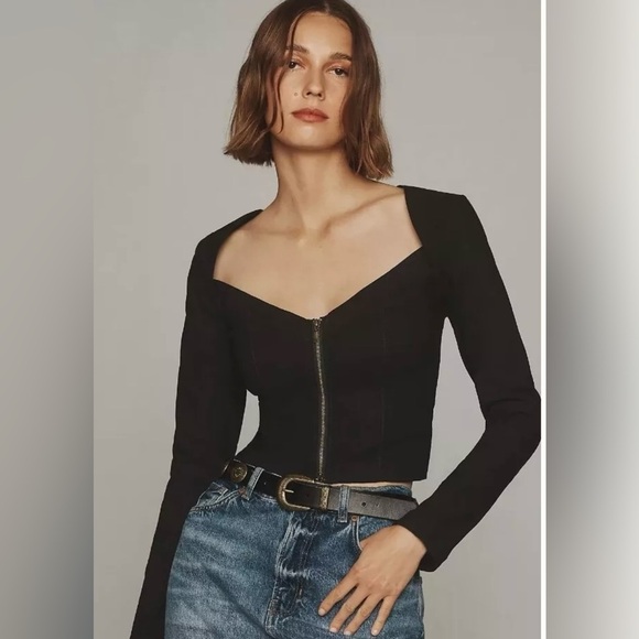 Anthropologie Maeve Black Zip Front Long Sleeve Top Size Medium - Picture 1 of 8